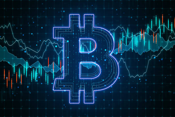 E-commerce concept with bitcoin circuit and business statistic screen.