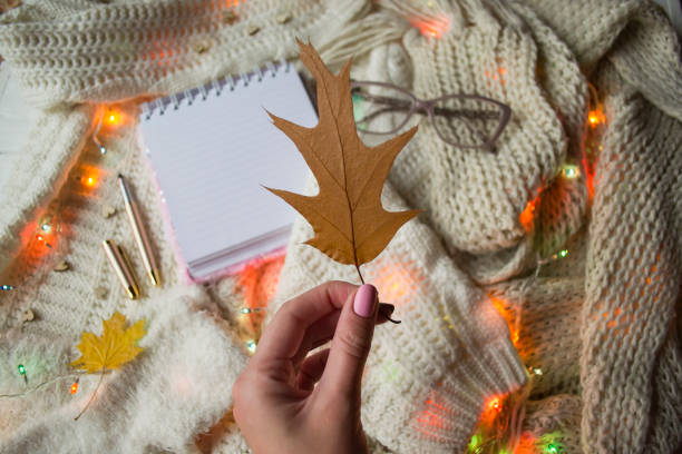 istock Girl holding autumn leaf. Cozy flat lay. 1198054567