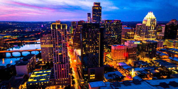 istock Panoramic Dynamic Colorful Blue Hour Sunset over Austin Texas Cityscape 1198055854