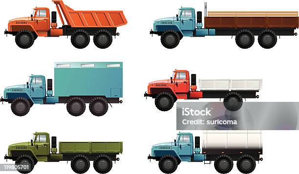 Les Camions Vecteurs libres de droits et plus d'images vectorielles de Camion-benne - Camion-benne, Vue latérale, Vectoriel