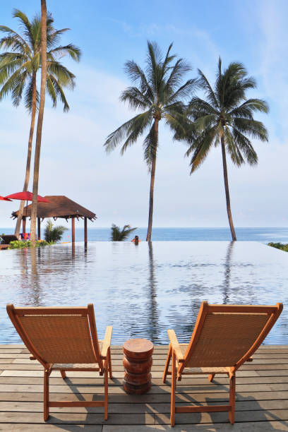 istock Two comfortable guest sun loungers and bedside table 1198057363