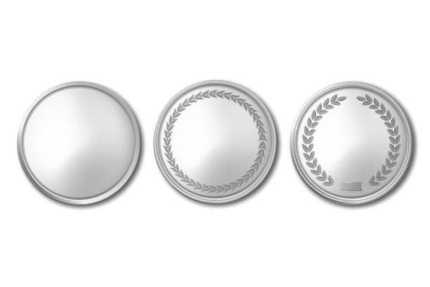向量 3d 逼真的銀金屬空白硬幣圖示設置特寫隔離在白色背景。設計範本，金錢剪貼畫，獎章，化妝師。金融、商業概念。頂部視圖 - silver 幅插畫檔、美工圖案、卡通及圖標