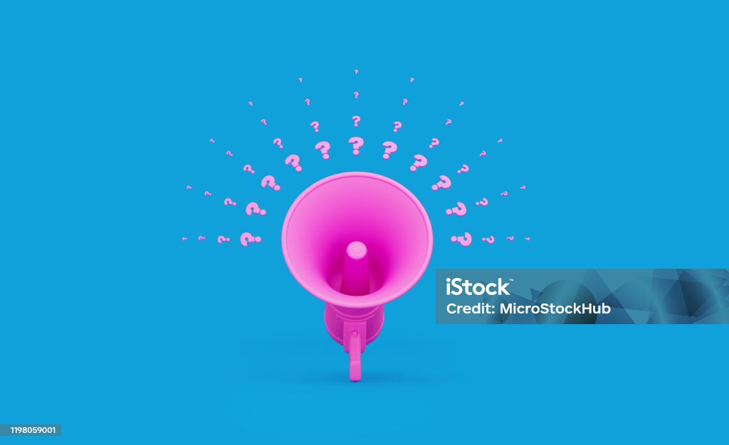 Pink Megaphone and Question Marks over Blue Background Pink megaphone with question marks over blue background.  Horizontal composition with copy space. Great use for announcement concept. Megaphone Stock Photo