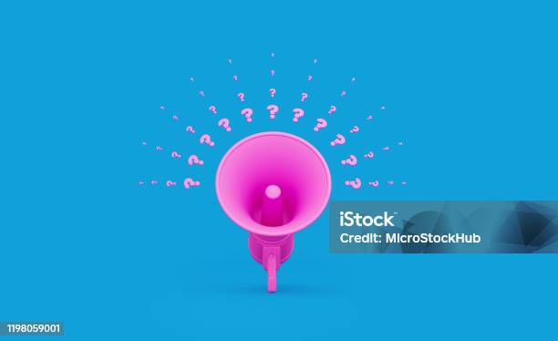 Pink Megaphone And Question Marks Over Blue Background Stock Photo - Download Image Now