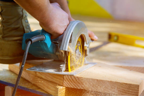 istock Wood beam cut by hand circular saw 1198059246