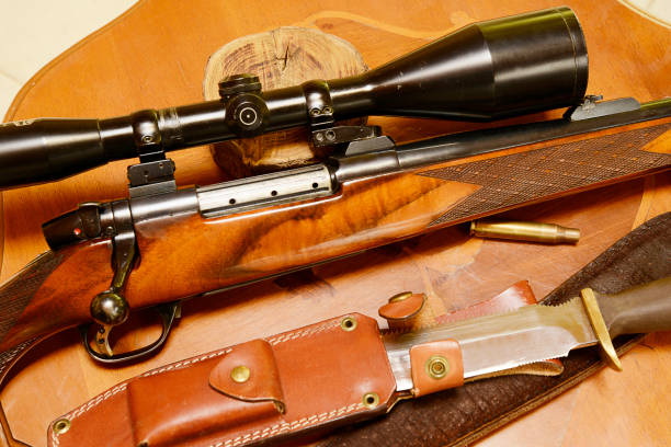 istock Beautiful hunting equipment on a vintage table 1198059539