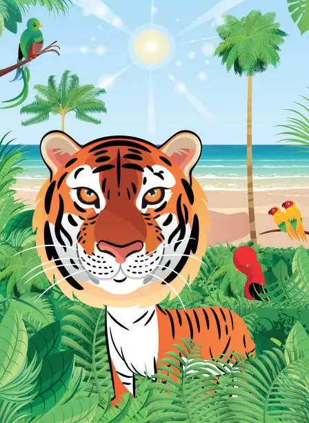 Vector illustration of Tropical Beach And Tiger