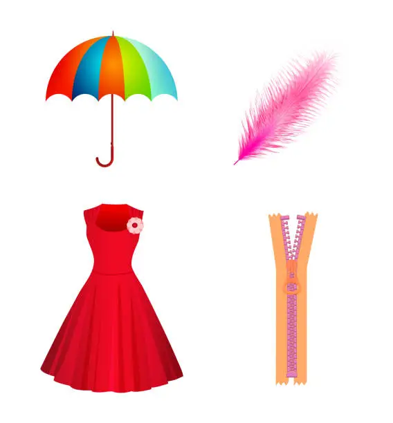 Vector illustration of Set Icons Of Umbrella, Dress, Quill, Zipper Isolated On White Background. Flat style. Vector illustration