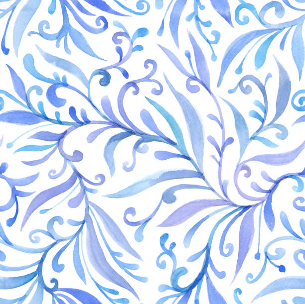 istock Watercolor blue green seamless pattern on a white background, curls, flowing lines, elegant print. 1198063889