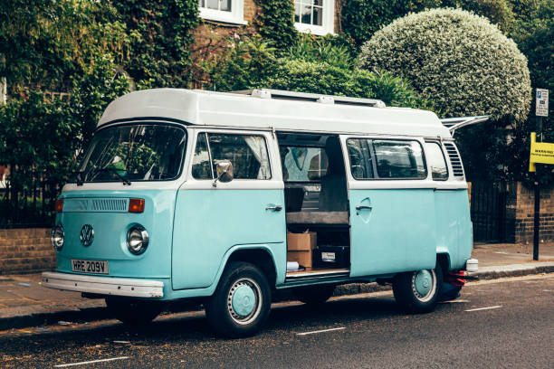 Volkswagen Type 2 also known as "Hippie van" London/UK - 17/07/2019: Volkswagen Type 2, known officially as the Transporter. Because of its popularity during the counterculture movement, "Hippie van" has become its most popular nickname car transporter stock pictures, royalty-free photos & images