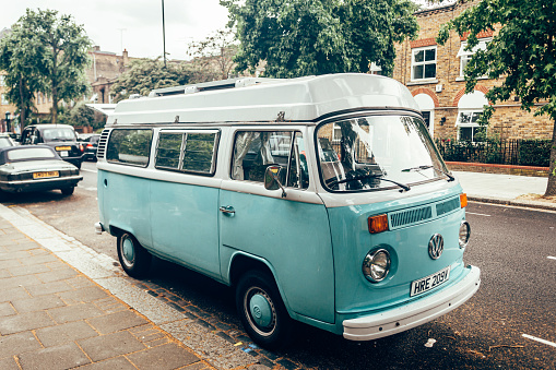 London/UK - 17/07/2019: Volkswagen Type 2, known officially as the Transporter. Because of its popularity during the counterculture movement, \