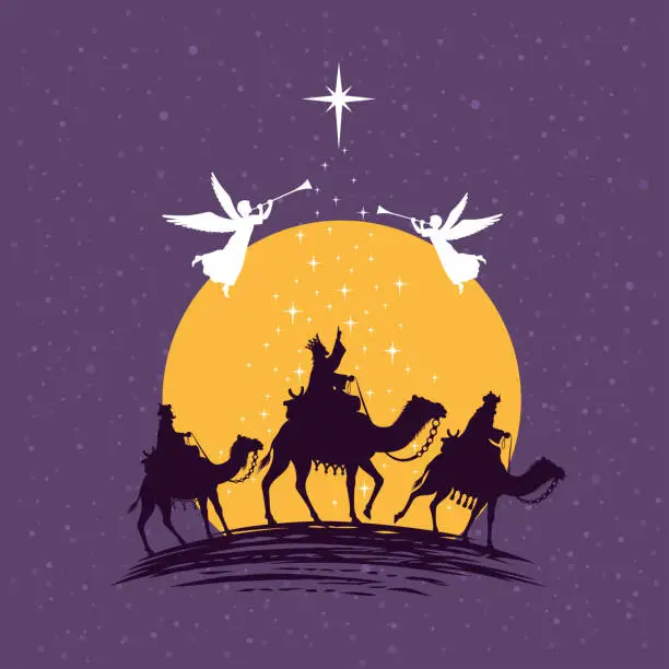Vector illustration of Three wise men - three kings. Nativity Christmas Scene.
