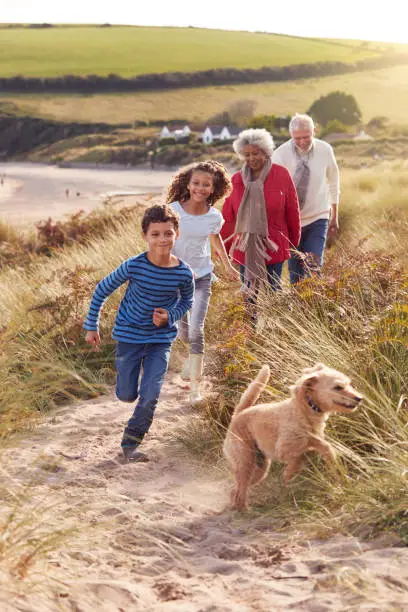 Photo of Grandchildren And Pet Dog Exploring Sand Dunes With Grandparents On Winter Beach Vacation