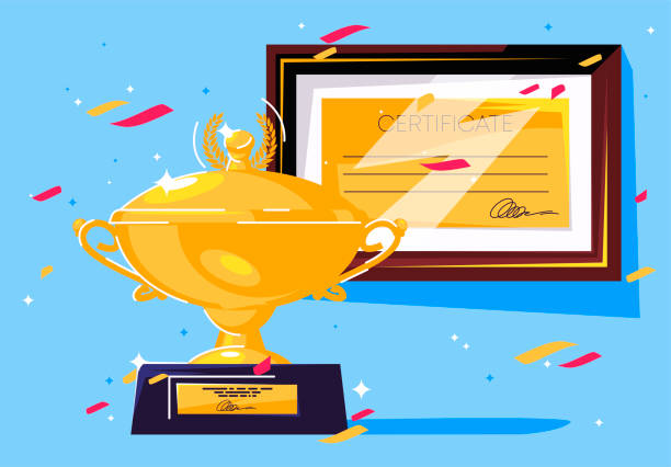 istock Vector illustration of the Golden champion Cup with the winner's certificate in the frame, confetti on the background 1198069737