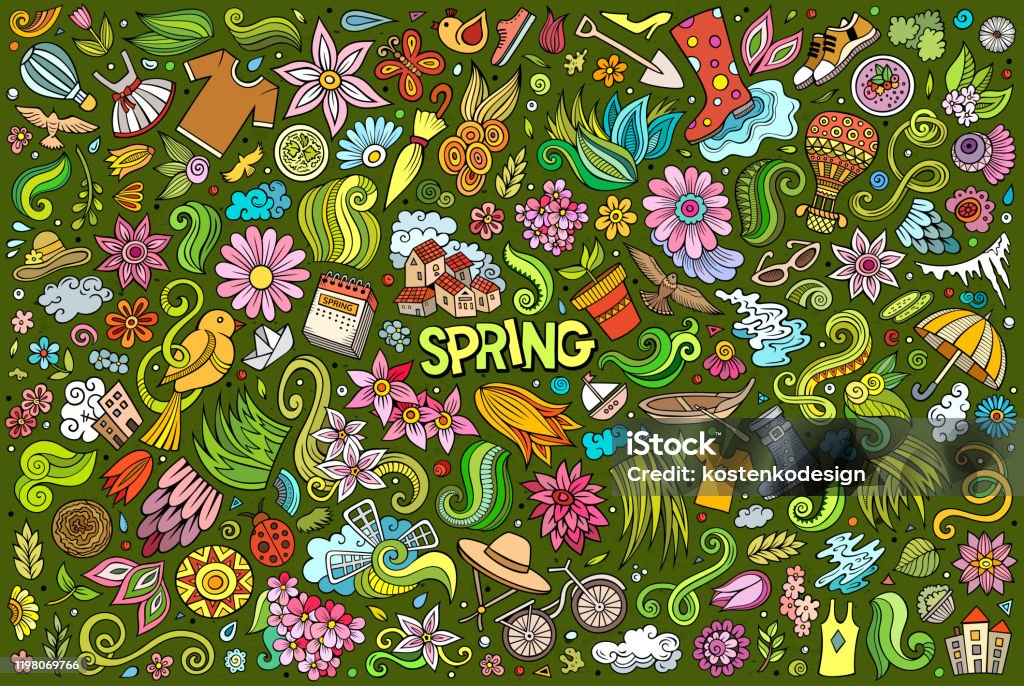 Vector Doodle Cartoon Set Of Spring Objects And Symbols Stock ...