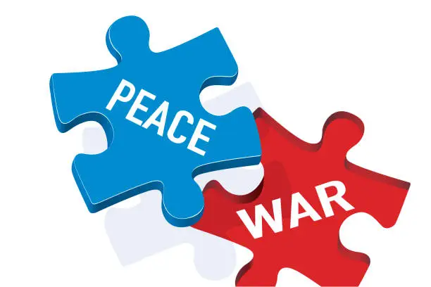 Vector illustration of Concept freedom in the face of evil with a puzzle piece bearing the word peace that covers the inscription war.