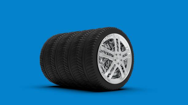 istock Car Black Wheel on Blue Color Background, 3D Rendering 1198070696
