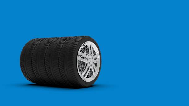 istock Car Black Wheel on Blue Color Background, 3D Rendering 1198071298