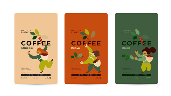 Specialty coffee packaging design concept. Set of labels, emblem for hand roasted coffee beans. Vector illustration of happy pickers are harvesting ripe red berries. Mockup for pack, ad, presentation.