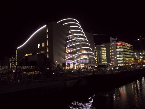 31st December 2019, Dublin, Ireland. The Dublin Convention Centre lit up at night in December to celebrate Christmas. The building is located in Dublin's Docklands, next to the River Liffey.