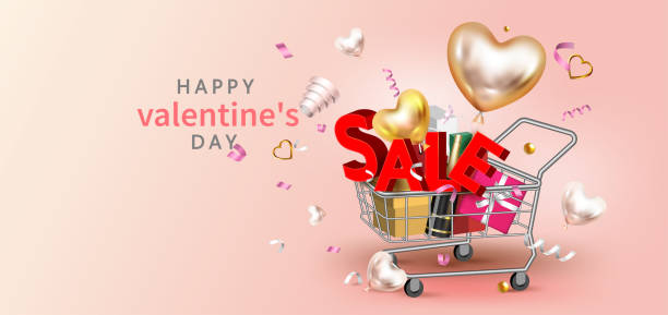 해피 발렌타인 데이, 판매 프로모션 배너, 포스터 또는 전단지 벡터 일러스트 3d 스타일, 발렌타인 데이 슈퍼 세일 프로모션 온라인 쇼핑. - cherry valentine stock illustrations