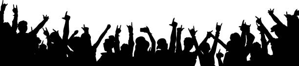 illustrazioni stock, clip art, cartoni animati e icone di tendenza di folla di concerti di musica rock silhouette isolata su sfondo bianco - cheering group of people silhouette fan