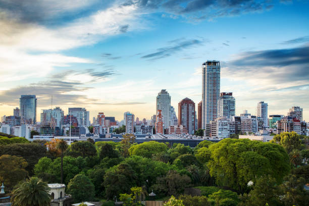 Buenos Aires Palermo skyline aerial view late Springtime afternoon with park in the foreground.