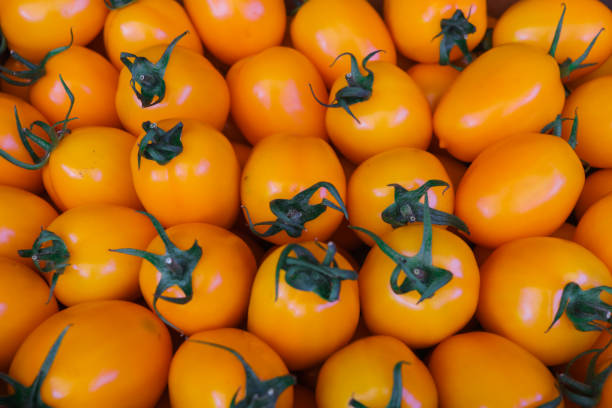 Fresh yellow small tomatoes in a box