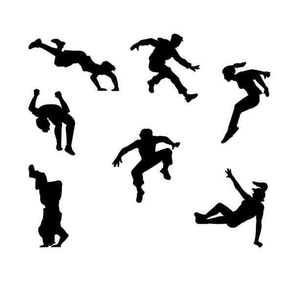 Black parkour people silhouette set - flat cartoon outline collection Black parkour people silhouette set - flat cartoon outline collection of men and women jumping, rolling doing backflip and other extreme sport moves. Isolated vector illustration. free running stock illustrations