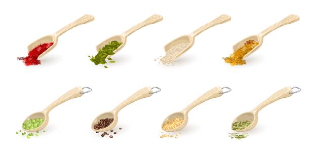 ilustrações de stock, clip art, desenhos animados e ícones de indian spice, sesame, coriander seeds, cardamom, saffron, green peas, black pepper, tarragon - spoon rice couscous oat