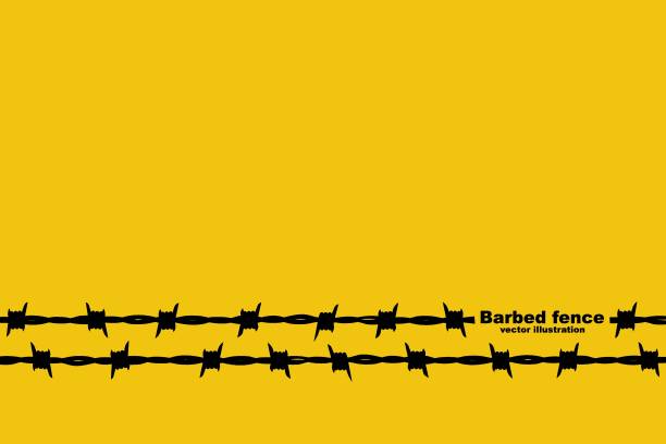 Barbed fence. Landing page barbed wire abstract background Barbed fence. Landing page barbed wire abstract background on yellow background. Protection, private place, no access. Steel line with sharp spikes. Vector illustration flat design. Restricted area. prison illustrations stock illustrations