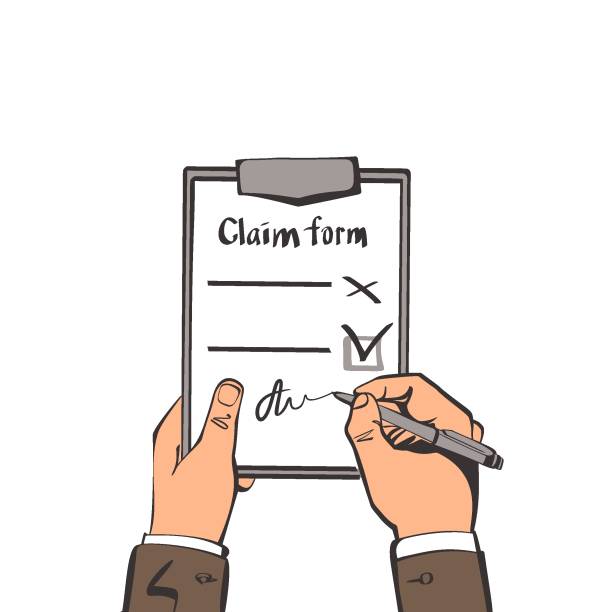 geschäftsmann unterzeichnet versicherungsanspruch formular vektor skizze - endorsing business application form filling stock-grafiken, -clipart, -cartoons und -symbole