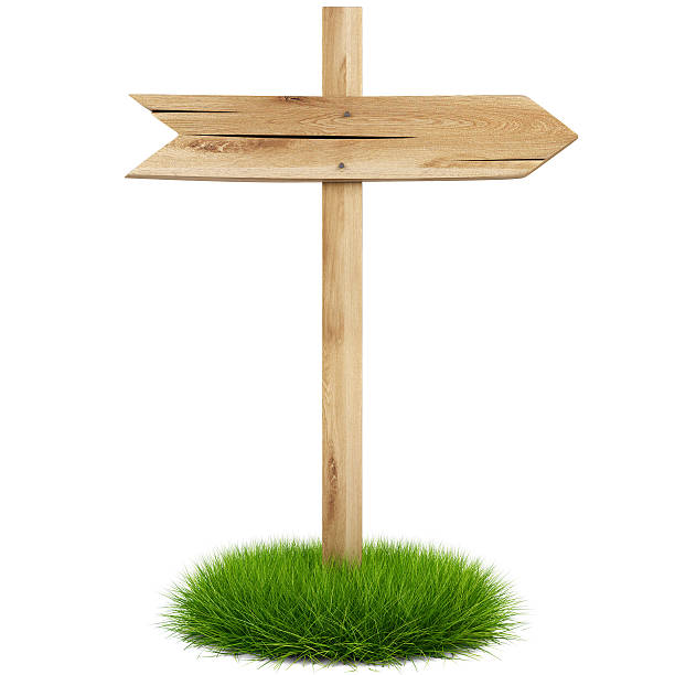 istock Wooden arrow sign post on a small patch of grass 119808009