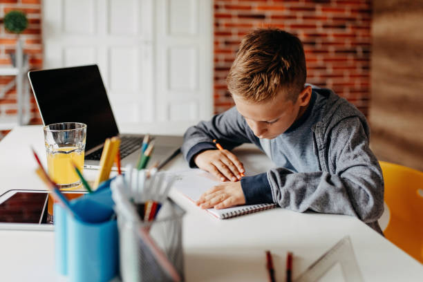istock Little boy doing homework at home 1198081028