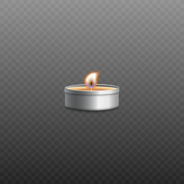 투명 한 배경에 고립 된 불타는 심지와 현실적인 티 라이트 촛불 - tea light candle white single object stock illustrations
