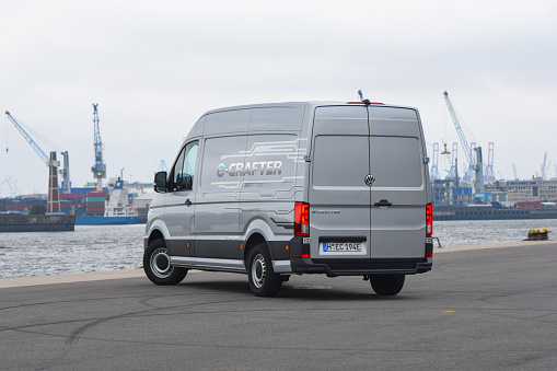 Hamburg, Germany - 30 August, 2018: Zero emission delivery van Volkswagen e-Crafter stopped on a street. This model is the first full electric delivery van from Volkswagen brand.