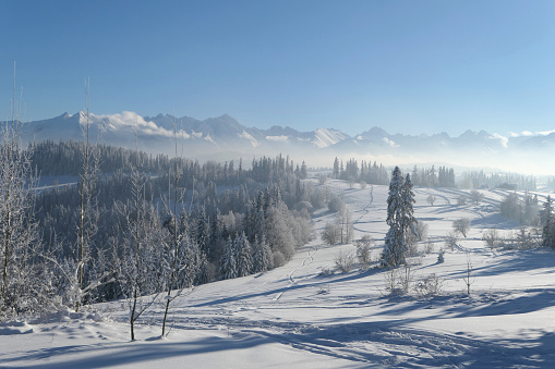 Winter wonderland Tatra mountains landscape in Bialka Tatrzanska, Poland.
