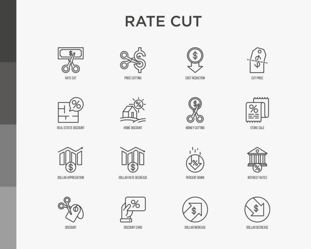 Rate cut thin line icon set: cutting price, cost reduction, sale, discount, receipt, loyalty card, interest. Modern vector illustration. Rate cut thin line icon set: cutting price, cost reduction, sale, discount, receipt, loyalty card, interest. Modern vector illustration. discount store illustrations stock illustrations