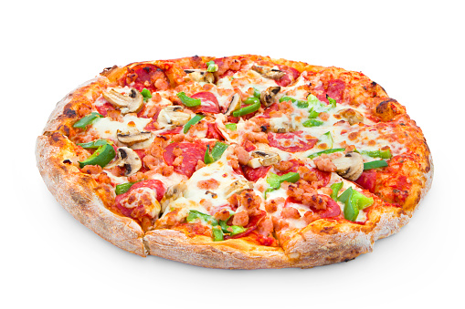 This is a picture of a fresh pizza shot on a white background. The pizza toppings are green pepper, peperoni, mushrooms, bacon and mozzarella cheese.