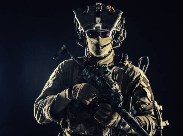 istock Military security service shooter soldier studio portrait 1198090279
