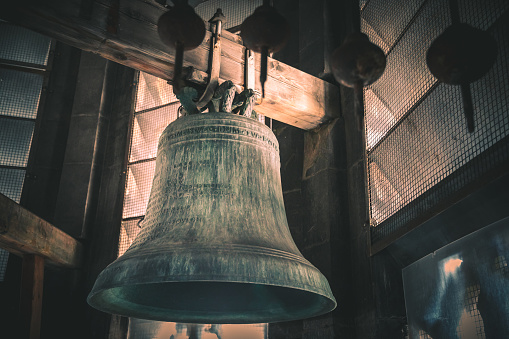 Copper bell hanging in the bell tower of Sapara Monastery, Georgia.