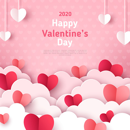 Valentine's day concept background. Vector illustration. 3d red and pink paper cut hearts with white clouds. Cute love sale banner or greeting card