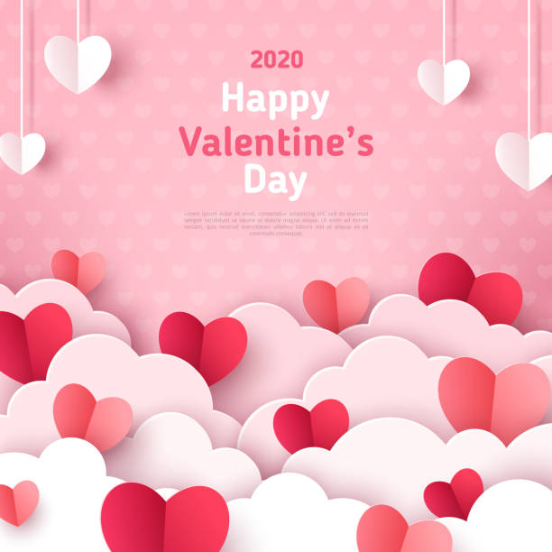 Paper cut hearts with white clouds Valentine's day concept background. Vector illustration. 3d red and pink paper cut hearts with white clouds. Cute love sale banner or greeting card valentine card stock illustrations