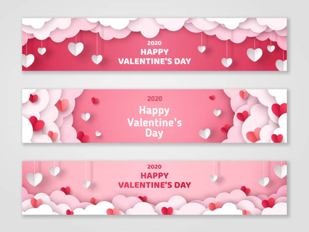 Valentines Day cloud banners Happy Valentine's Day horizontal banners set with paper cut clouds and hearts. Vector illustration. Holiday bright greeting cards, love creative concept, gift voucher, invitation. Place for text. valentines day stock illustrations