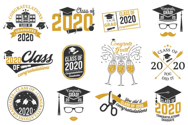 illustrations, cliparts, dessins animés et icônes de ensemble de badges vector class of 2020. concept pour la chemise, l'impression, le sceau, la overlay, le timbre, le salut, la carte d'invitation. typographie design- stock vector. - illustrations de remise de diplôme