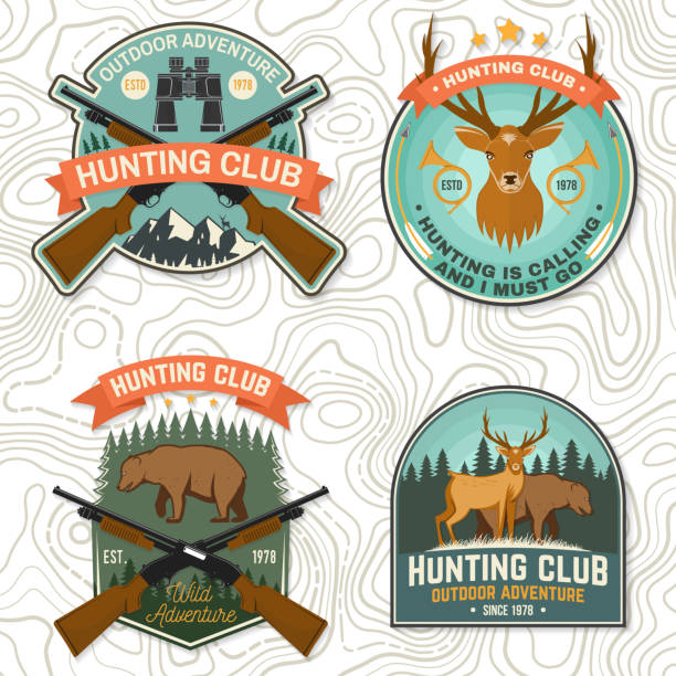 ilustrações de stock, clip art, desenhos animados e ícones de set of hunting club badge. vector concept for shirt, print, stamp. vintage typography design with hunting gun, boar, hunter, bear, deer, mountains and forest. outdoor adventure hunt club emblem - rifle hunting shotgun gun