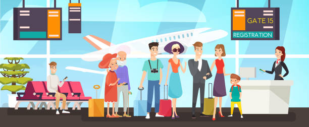 ilustrações, clipart, desenhos animados e ícones de povos na ilustração plana do vetor da linha de registo do vôo. passageiros felizes que estão na fila. funcionários do aeroporto verificando bilhetes e cartões de embarque. família e pares idosos que esperam na mesa do checkin. - security staff security airport airport security