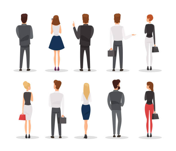 ilustrações de stock, clip art, desenhos animados e ícones de people back view flat vector illustrations set. office workers gesturing cartoon characters isolated on white background. elegant men and women, businesspeople in formal dress code rear view. - businesswoman skirt isolated standing