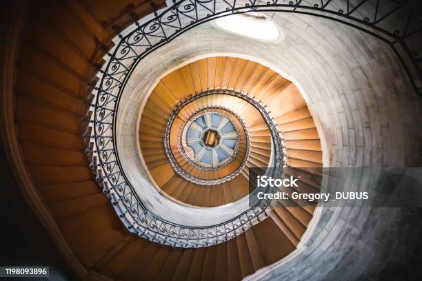 Awesome Large Spiral Staircase Seen From Below Inside One Of The Beautiful Bell Towers Of The Basilica Notre Dame De Fourviere In Lyon French City Stock Photo - Download Image Now