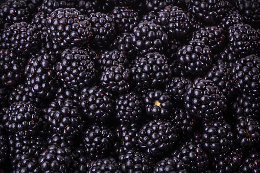 Ripe blackberry as background, closeup texture. Top view
